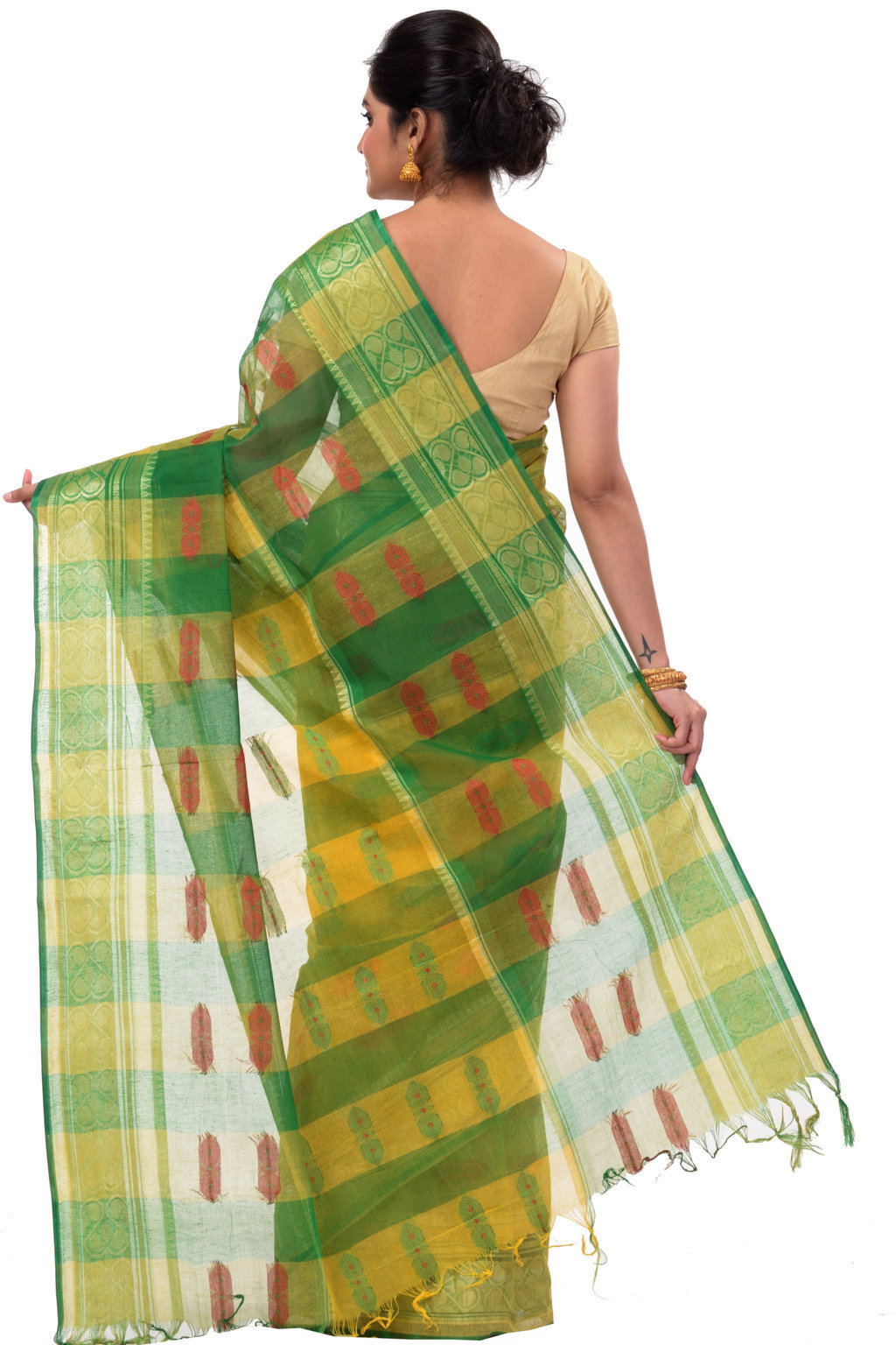 Yellow Green Pure Cotton Raj Nandi Desigine Tant Saree (2832)